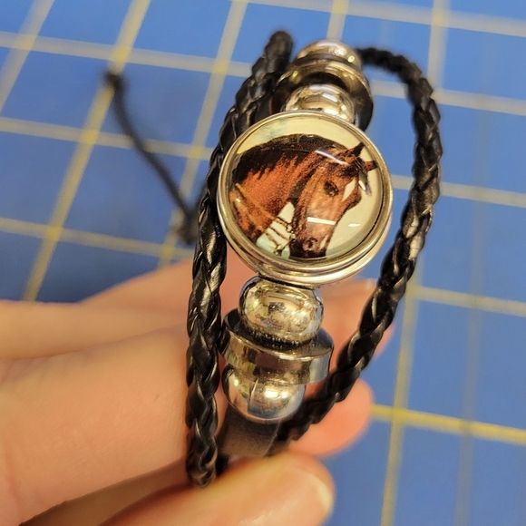 Black Braided Pleather Horse Adjustable Bracelet - Picture 1 of 6